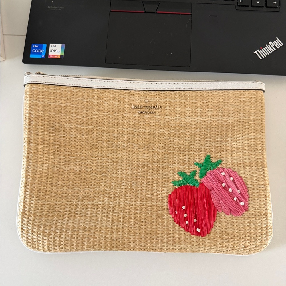 kate spade woven clutch in natural with white trim